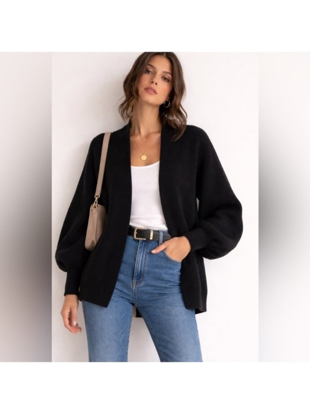 Magnolia Black Open Front Knit Cardigan – Size L – Balloon Sleeve
